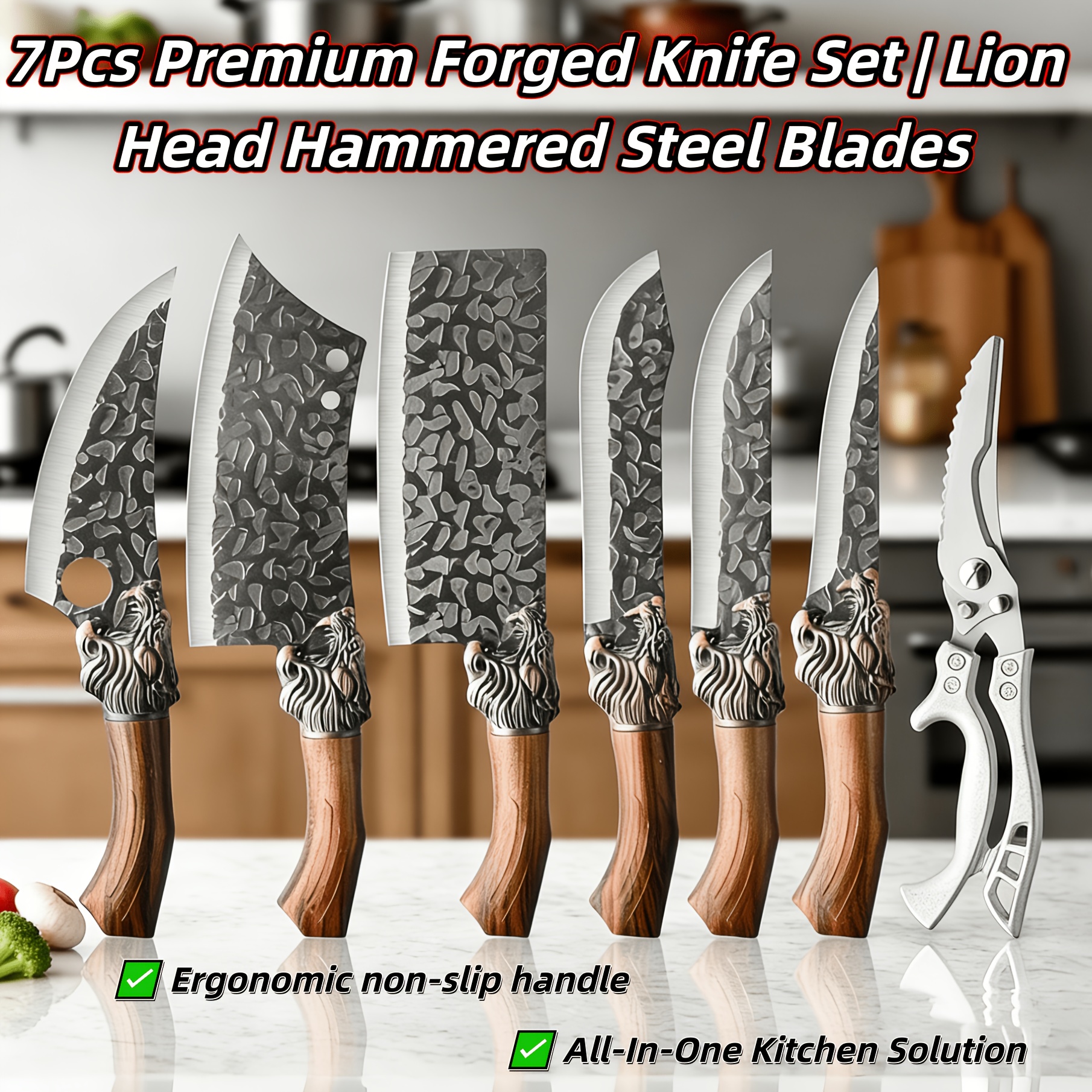 7pcs   knife set with brown wood handle sheaths handmade   damascus style   grind   for meat fish vegetables fruits professional kitchen knives for home cooks chefs ideal gift   boning butcher   scissors ergonomic grip durable precise   slicing dicing chopping