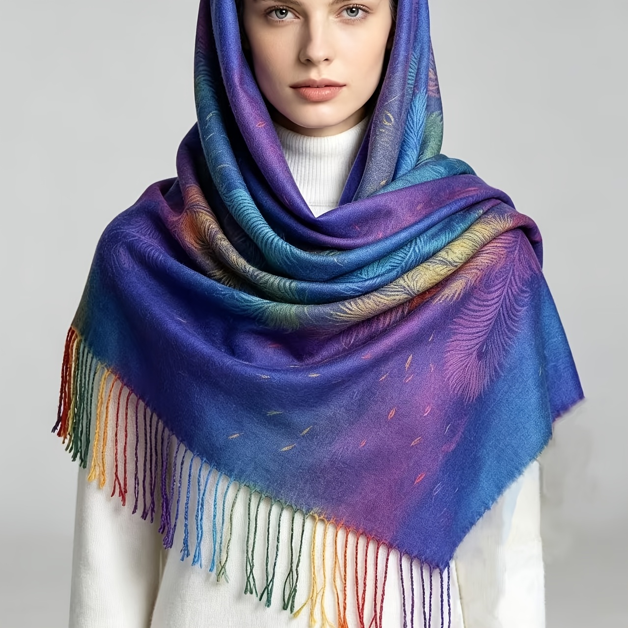 Bohemian Colorful Peacock Scarf, Women's Autumn Winter Jacquard Shawl