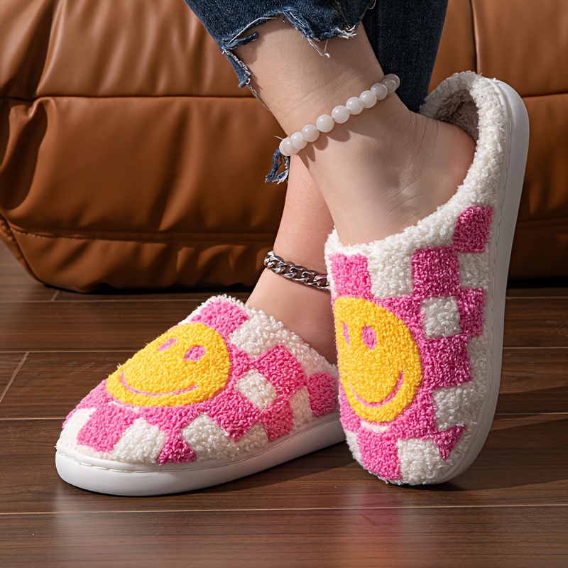 

Kawaii Cartoon Smile Face Slippers, Soft Sole Platform Plaid Plush Lined Home Slippers, Backless Non-slip Mute Shoes