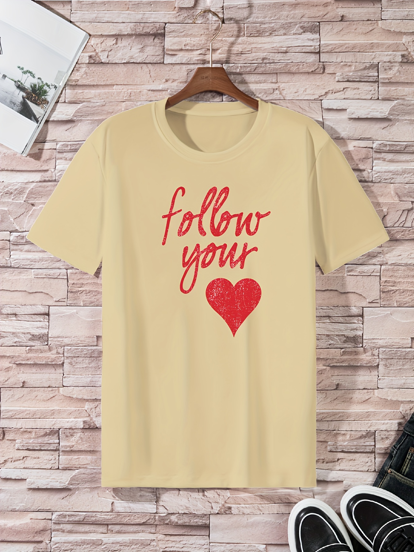 Follow Your Heart Print T Shirt, Tees For Men, Casual Short Sleeve T ...