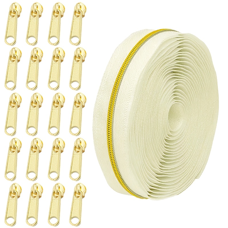 TEMU 1 Set = 5 Meter / 196,85 Zoll Reißverschluss + 20 verschiedene Reißverschluss-Zipper-Pulls, 3# Reißverschluss mit goldenen Zähnen, schwarz-weiße