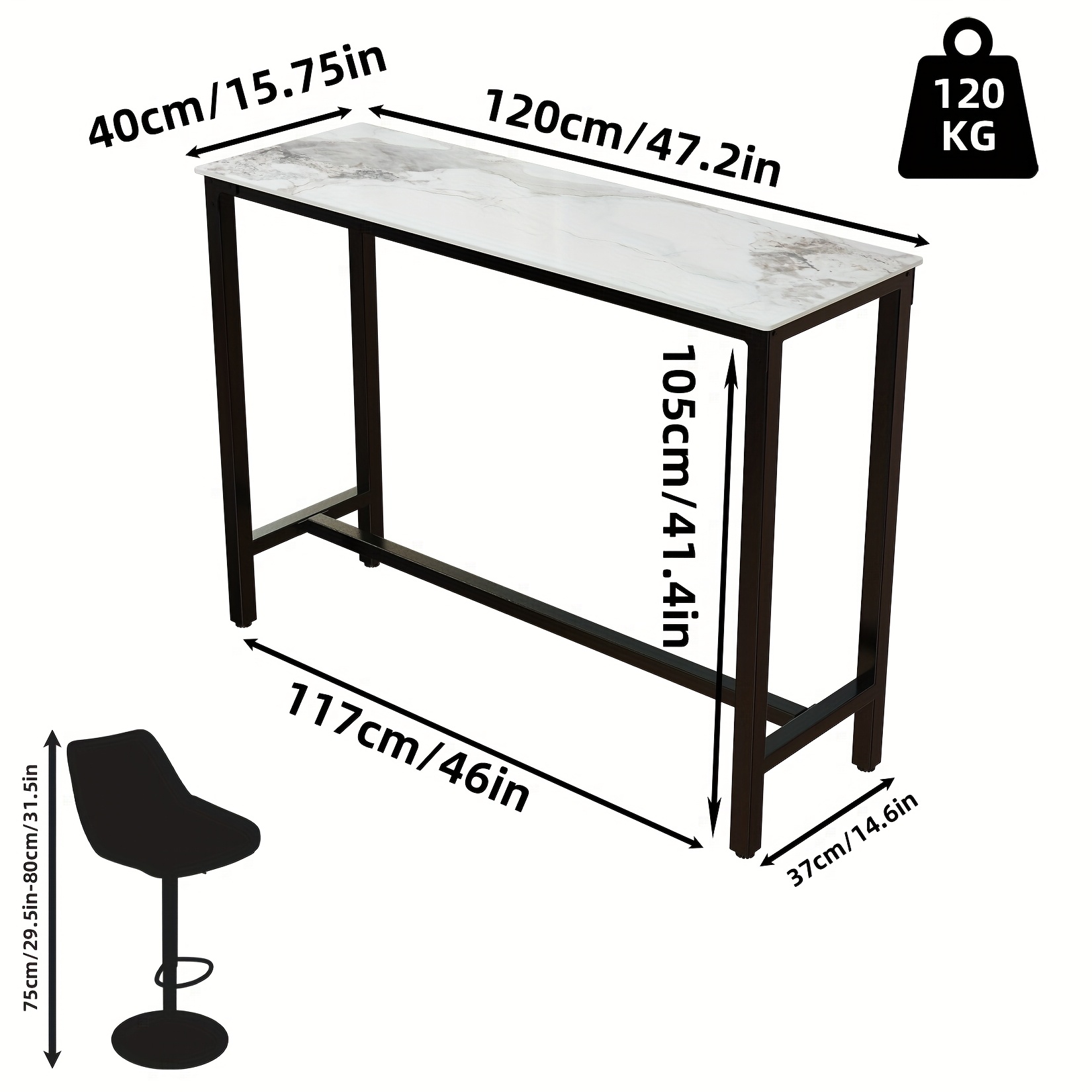 AESOME Counter Height Table Rectangle Sintered Stone Tabletop 47.2in Narrow Long Kitchen Dining Table 41.4in High Top Table Living Room Furniture, Sturdy Metal Frame
