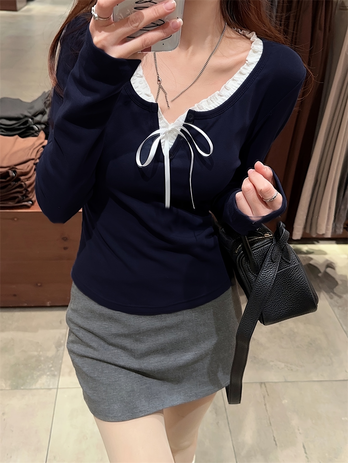 봄과 여름 패치워크 리플 프론트 타이 롱 슬리브 캐주얼 티셔츠 | temu Temu Republic of Korea