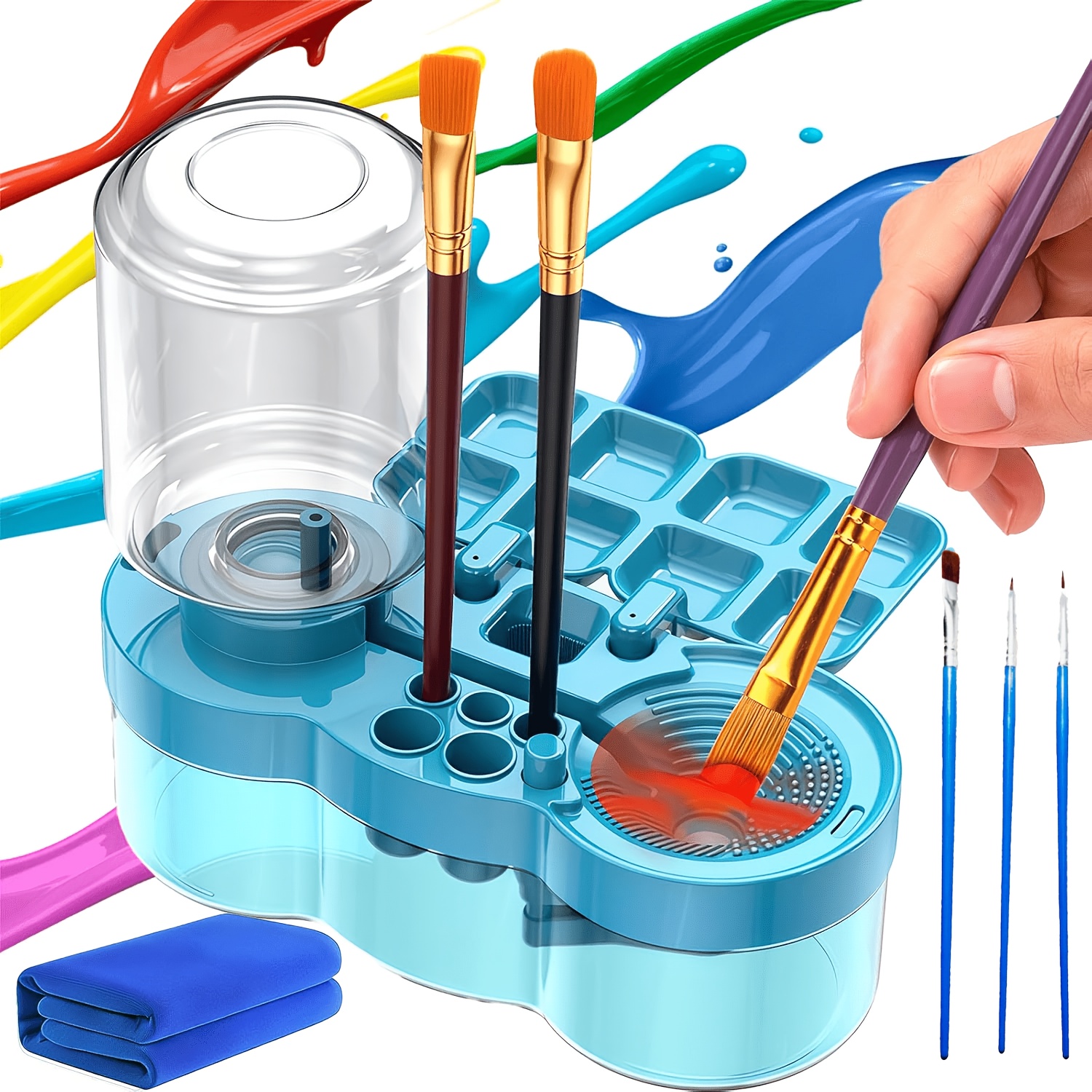 TEMU Paint Brush Cleaner Tool, Washing , Water Cycle Watercolor Brushes Rinser With Holder And Palette, 3 Paintbrushes, With Cleaning Cloth, Brushes