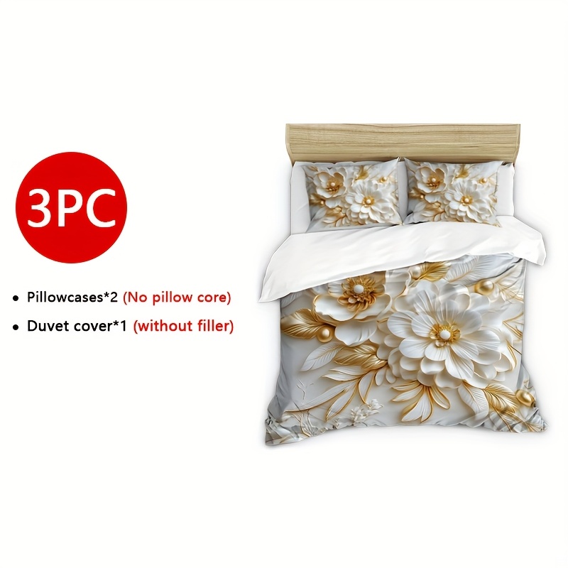 3pcs Flower Duvet Cover Set (duvet Cover With Zipper Closure *1 + Pillowcase *2) Pattern 100% Breathable Polyester Soft And Comfortable Bedding Machine Washable
