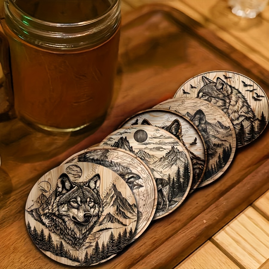 6pcs Wolf Pattern Coasters Set - Home Decor Coffee Cup Mats, Families, Cafes, Afternoon Tea, Bars, And Festive Room Accessories, Creative Gift Idea