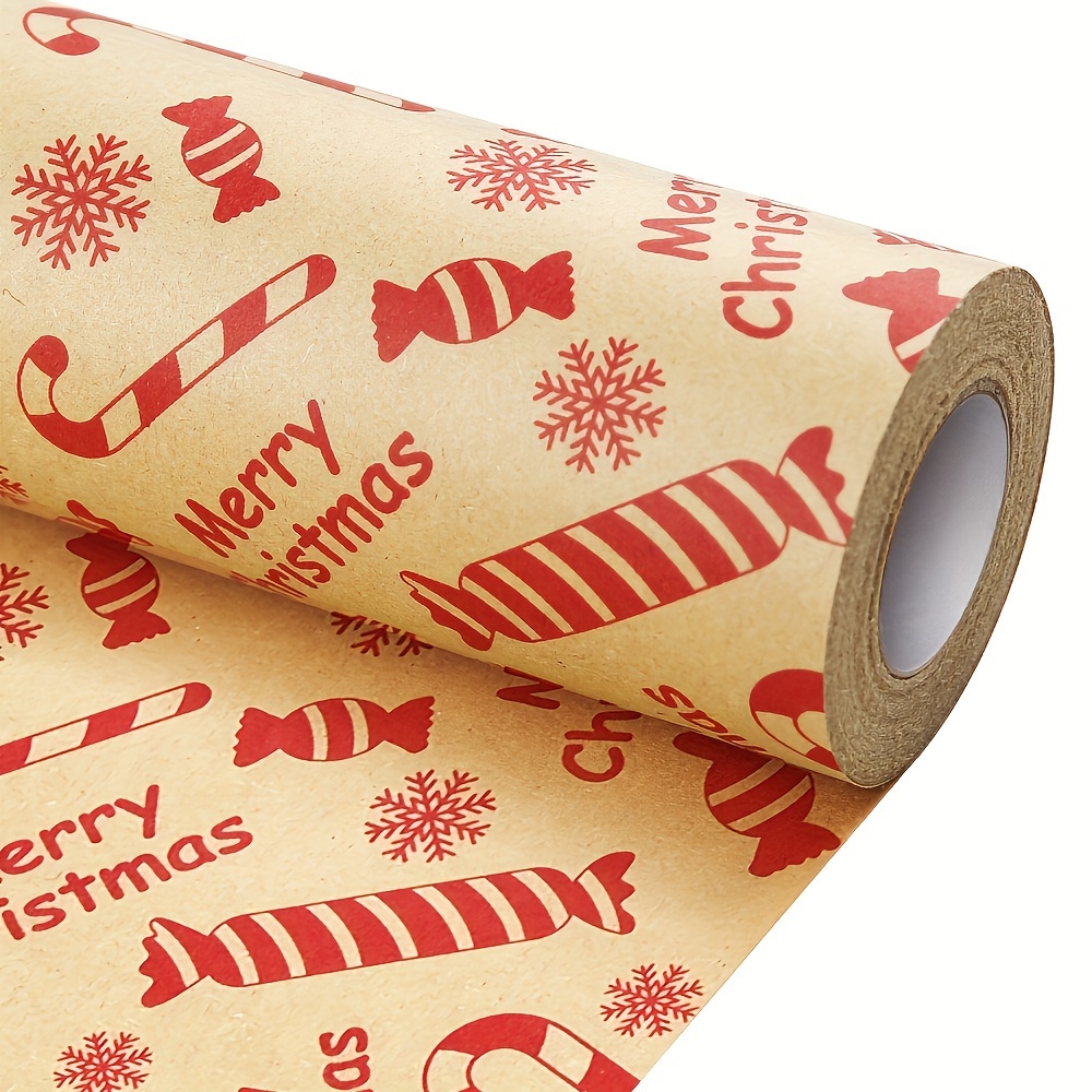 

1 Roll Vintage Christmas Wrapping Paper - Red Candy Cane And Design, Kraft Paper For Holiday Gifts And Decorations, Reindeer Theme