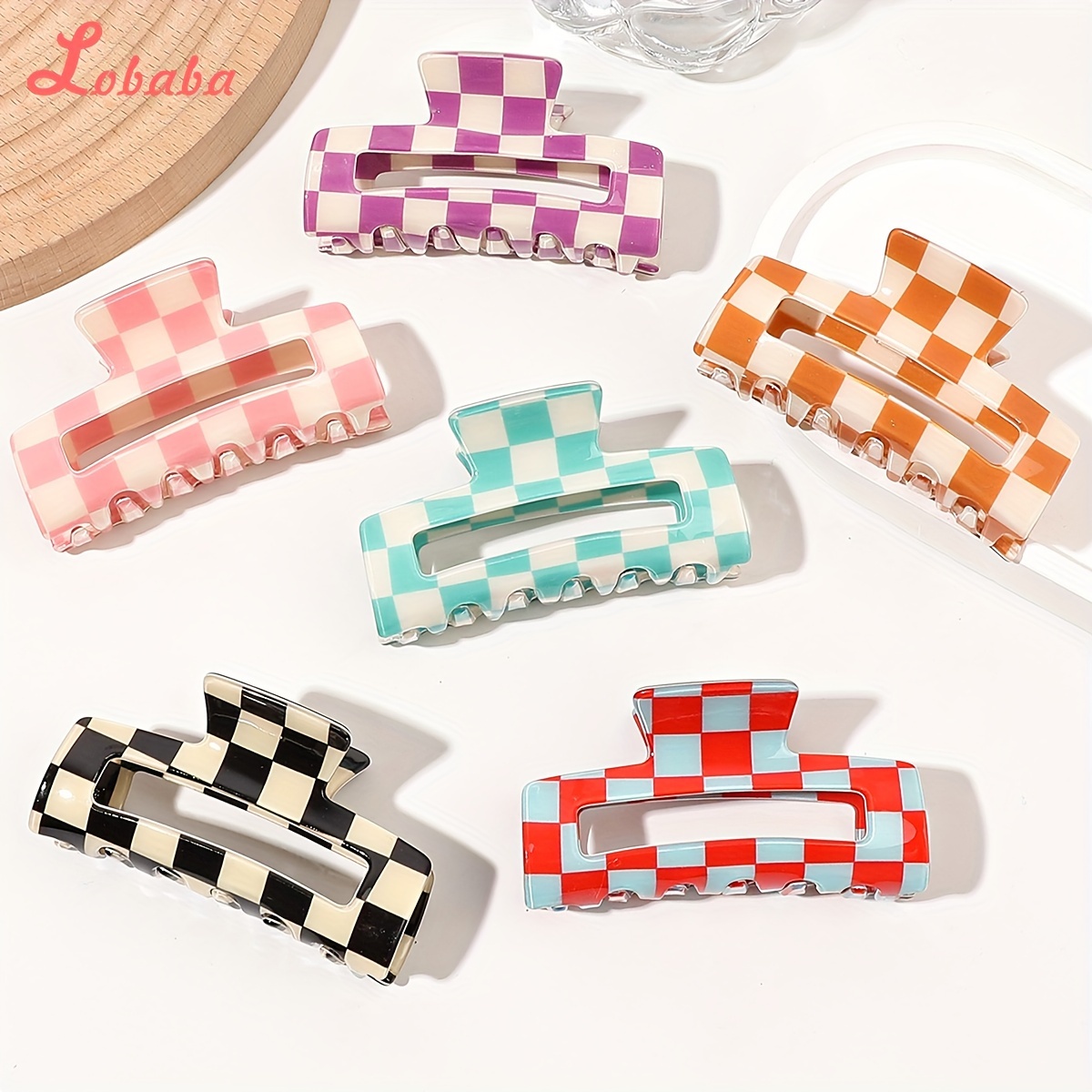 

2pcs Checkered Pattern Printed Large Hollow Out Hair Claw Clips Trendy Non Slip Hair Grab Clips For Women And Daily Use