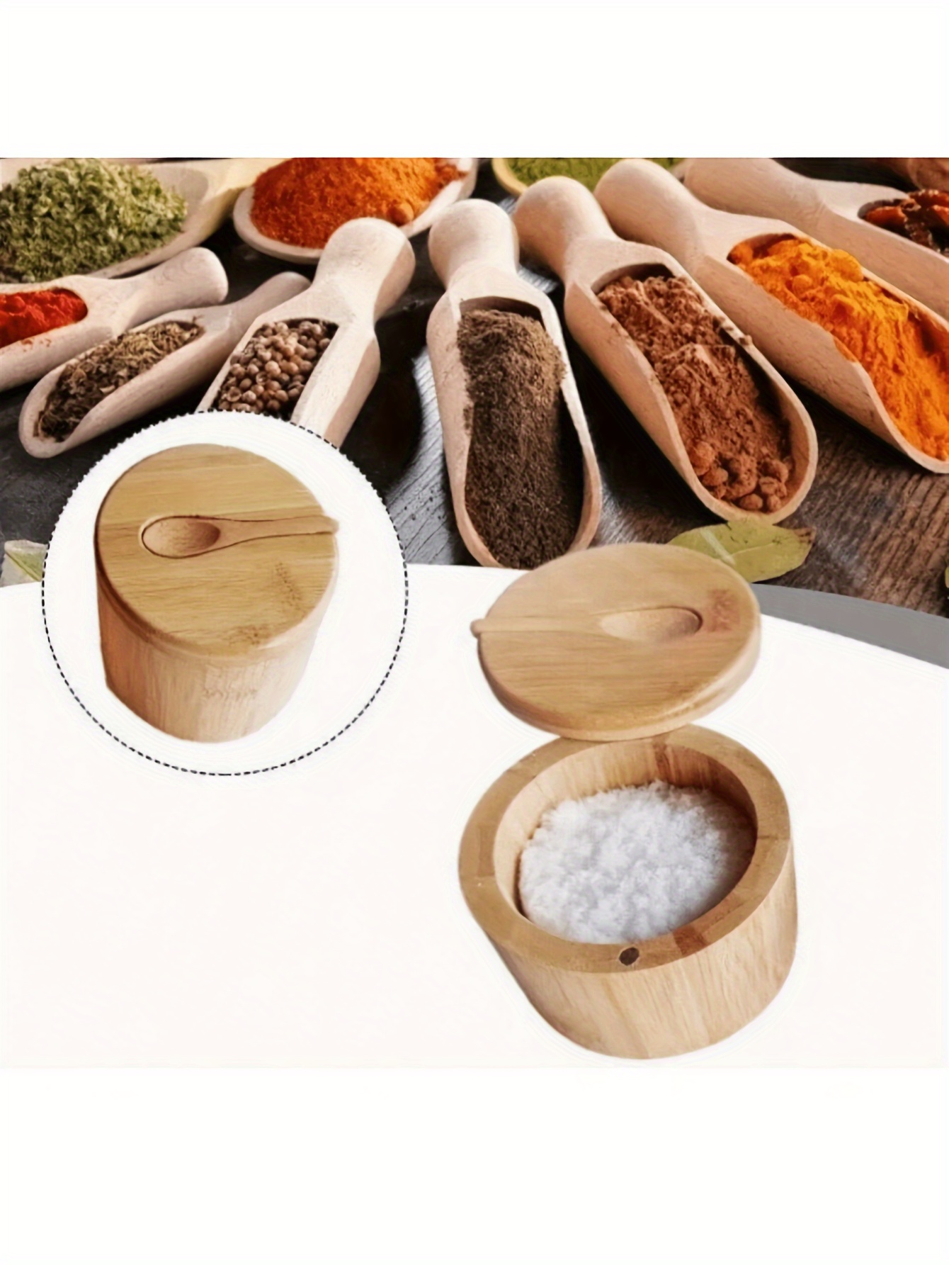 1pc wooden spice jar with latch lid and spoon microwave safe reusable round storage container for coffee beans tea   seasonings pepper   multipurpose kitchen organizer details 3