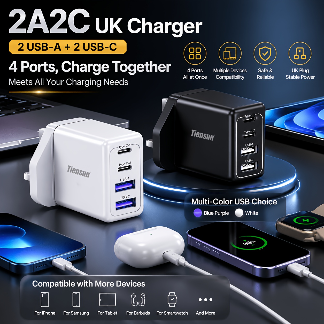 2A2C UK Plug Multi 4 USB Ports Smart Charging Block