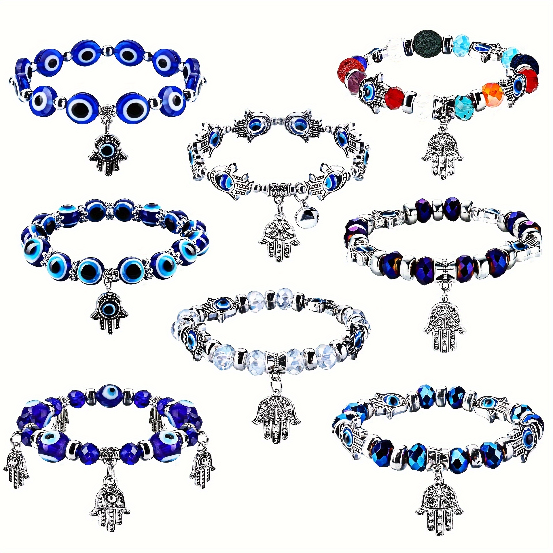 

Vintage Style Evil Eye And Hamsa Hand Charm Bracelet Set For Women – 8 Piece Resin Beaded Jewelry Collection, Unisex Daily Wear Fashion Accessories, All Season-compatible, No Plating