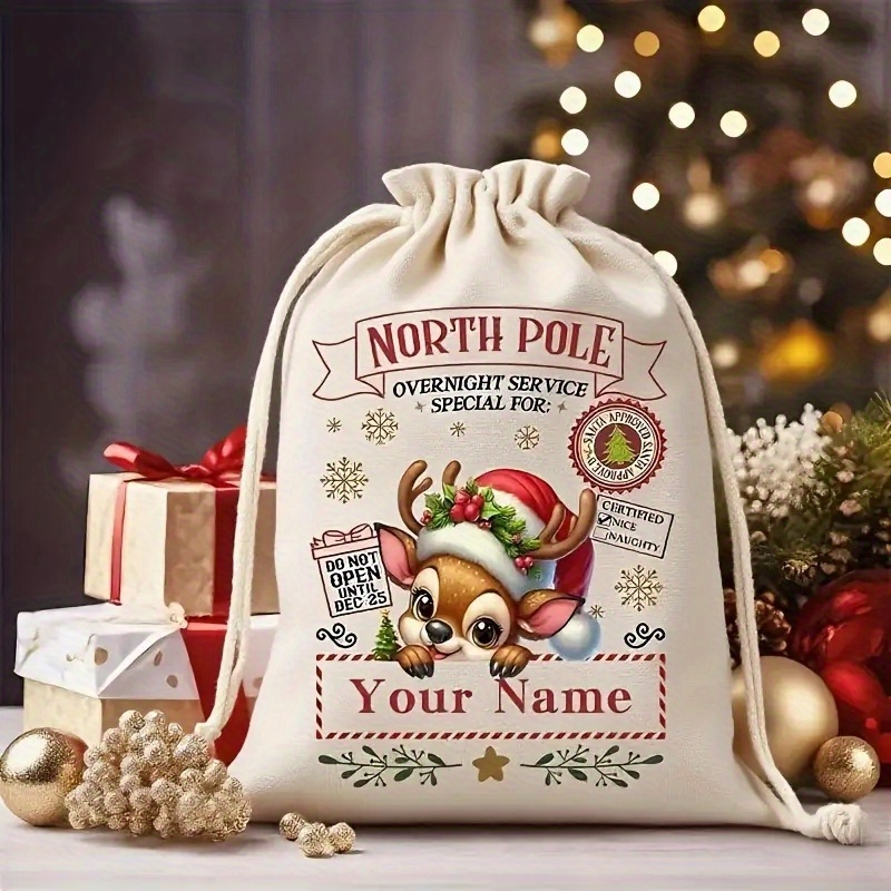 TEMU 1pc Customizable Name Christmas Party Drawstring Gift Bag, Cartoon Reindeer Design, Holiday Celebration Storage Bag, Canvas With Animal Print,