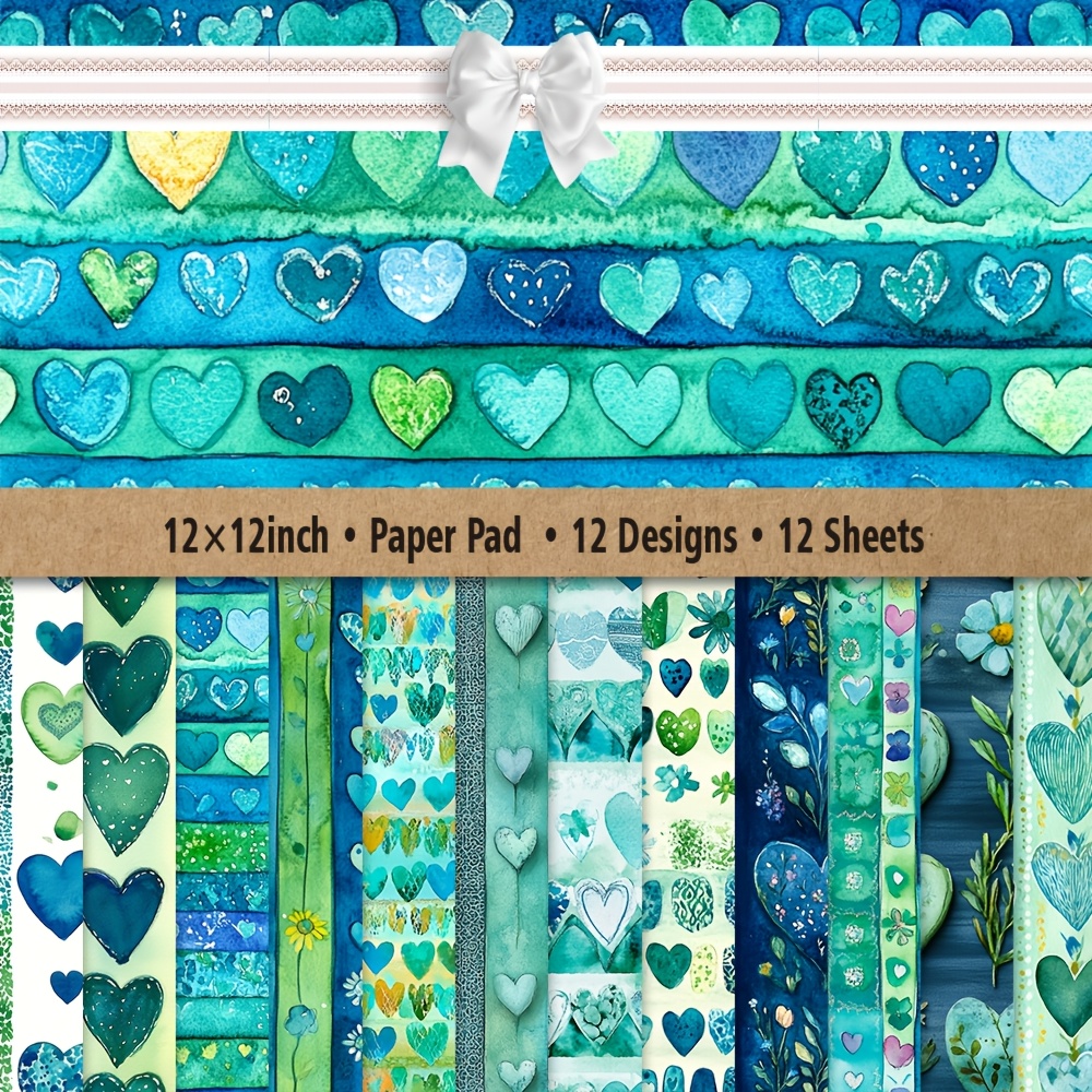 TEMU 12x12 Inch Paper Pad With 12 Sheets & 12 Designs - Watercolor Heart Patterns Suitable For Crafts, Scrapbooking, Card Making, Journal Decoration,