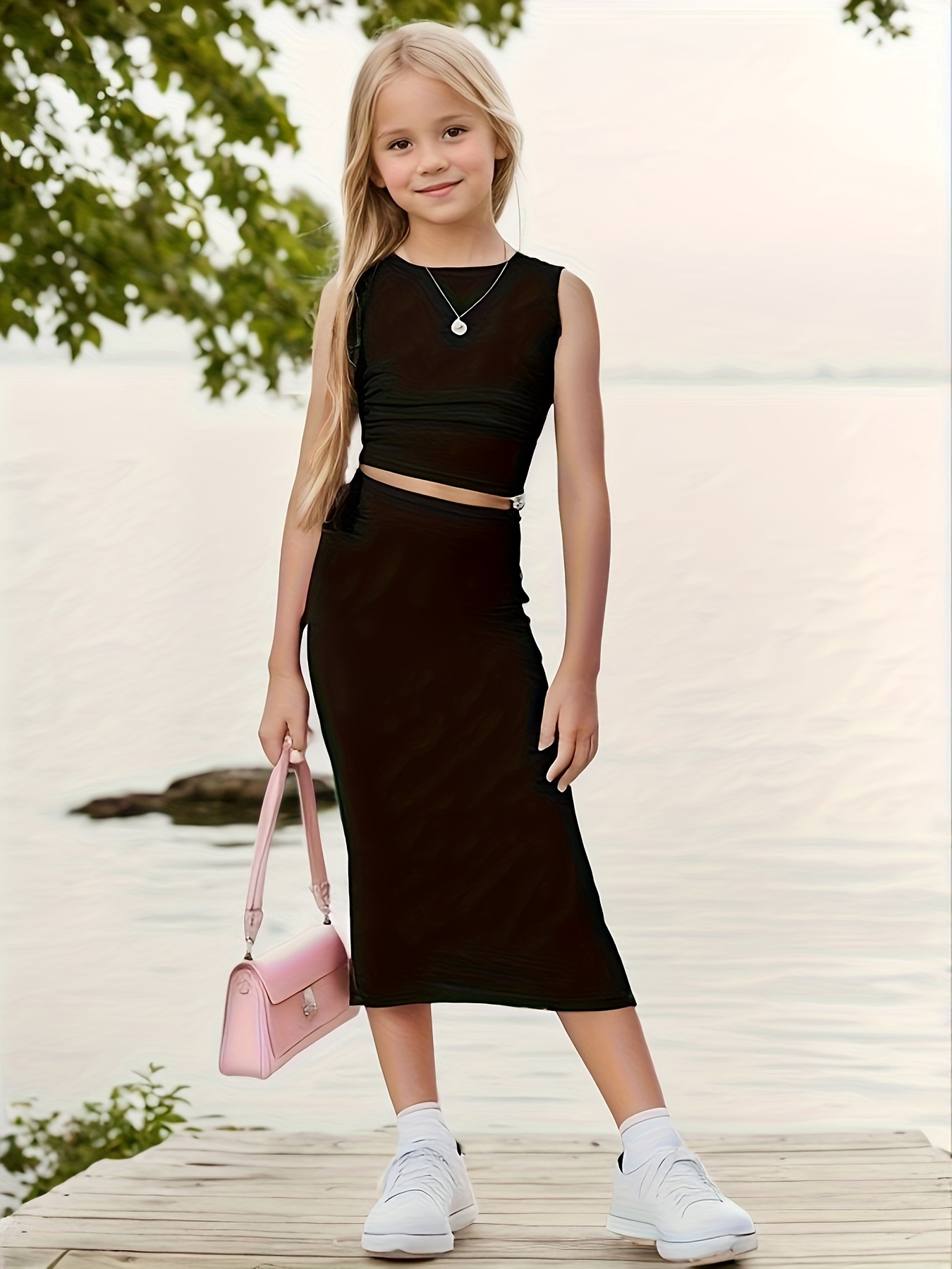 2pcs Girls' Skirt Set and Casual Solid Color Pleated Decor Short Vest Outfit