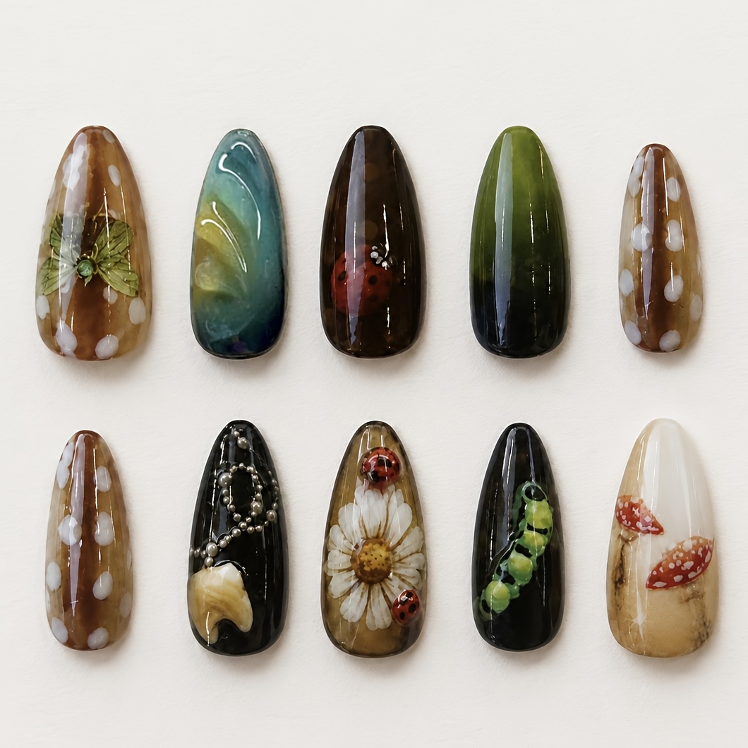 TEMU 24pcs Forest Dot Pattern, Almond-shaped False Nails, And Mushroom Polka Dot Tooth Necklace, Flowers, High-end Sense, Versatile And Fashionable