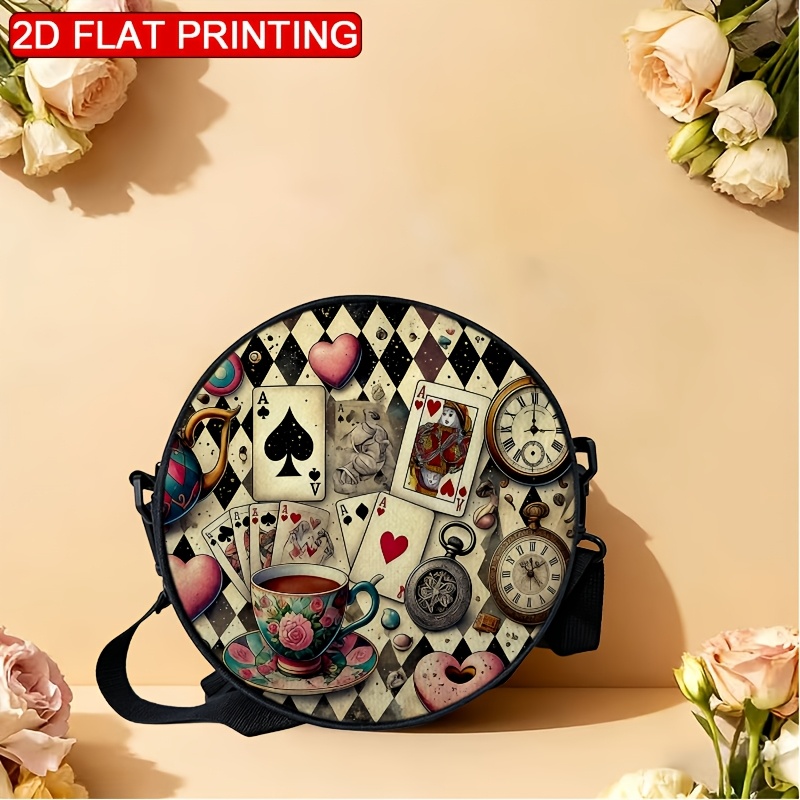 TEMU A Vintage Poker Clock Illustration Design Women's Shoulder Bag Featuring 2d Printing, An Adjustable Strap, And A Zipper Closure. This Casual And
