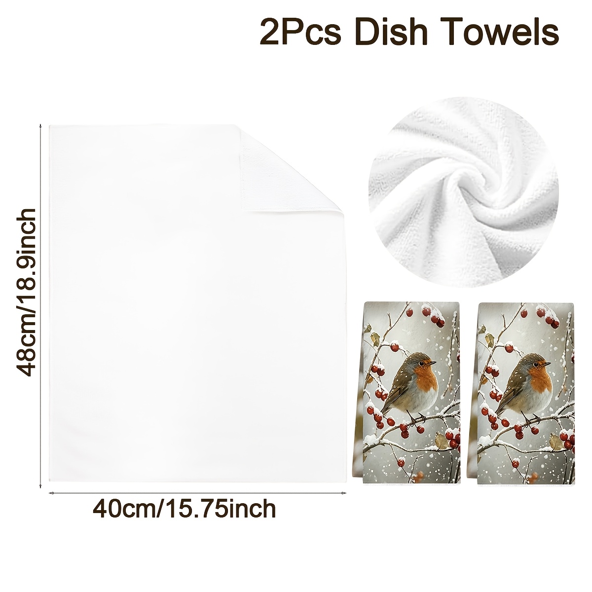 TEMU 2pcs Vintage Christmas Robin Kitchen Towels, 40x48cm Snowy Branches And Berries Designs Dish Towels, Soft Polyester Cleaning Cloth, Dining Table