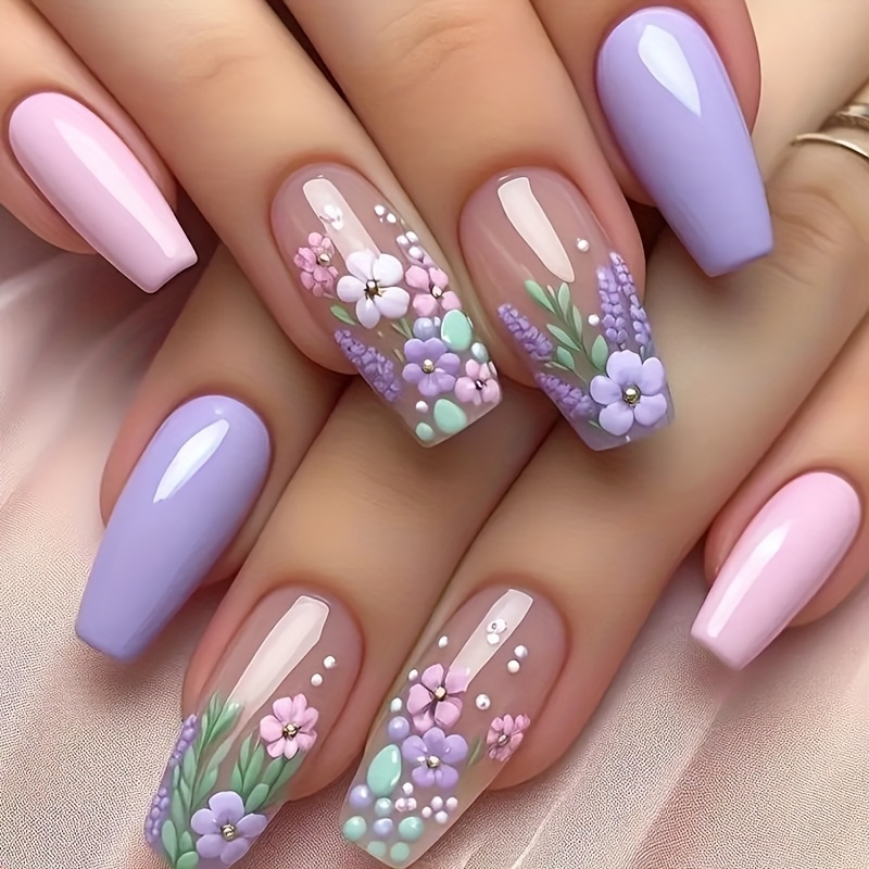 TEMU 24 uñas postizas largas de ballet - Diseño floral lavanda y pastel, brillantes y reutilizables para mujeres, pegamento y lima, accesorios de