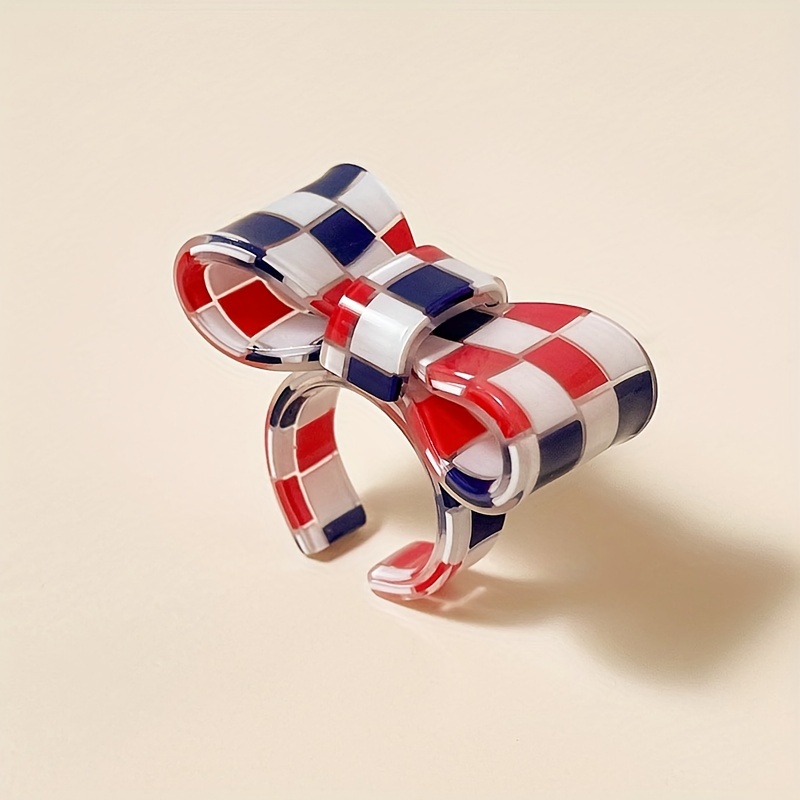 Resin Bowknot Rings Checkered Block Statement Rings for Women