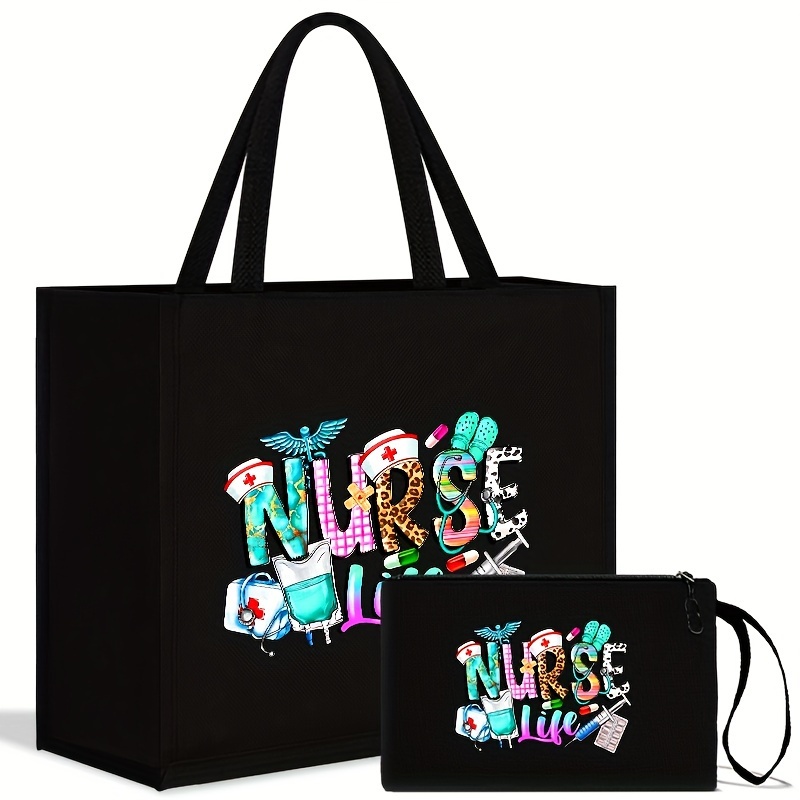 TEMU 2pcs Vmi Nurse Tote Bag Set With Matching Cosmetic Pouch - Durable, Washable Fabric, Stylish Print For Shopping & Beach Travel, Nurse Tote Bag