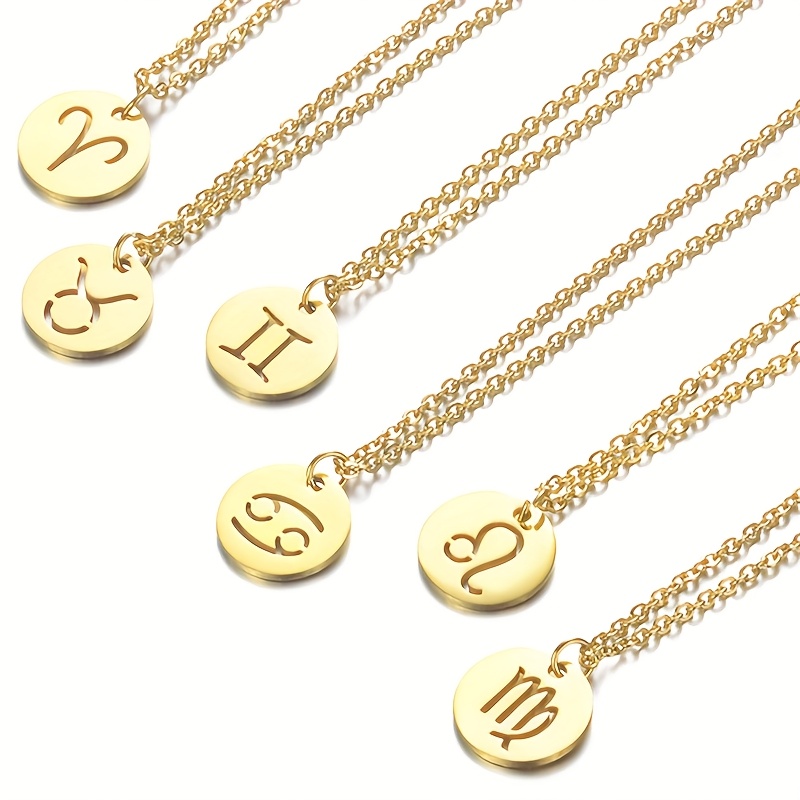 Vintage Zodiac Pendant Necklace Stainless Steel Chain Twelve Constellations