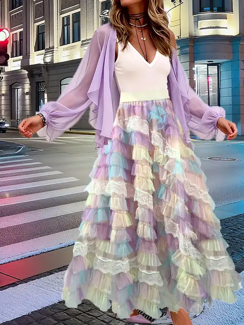 Gradient Colors of Light Pink, Light Purple, Sky Blue, Mint Green Mesh * Exquisite White Lace * Each Tier of Tulle, Wide And Fluffy Hem, Elegant for Parties And Banquets Gradient Colors of Light Pink, Light Purple, Sky Blue, Mint Green Mesh * Exquisite White Lace * Each Tier of Tulle, Wide And Fluffy Hem, Elegant for Parties And Banquets