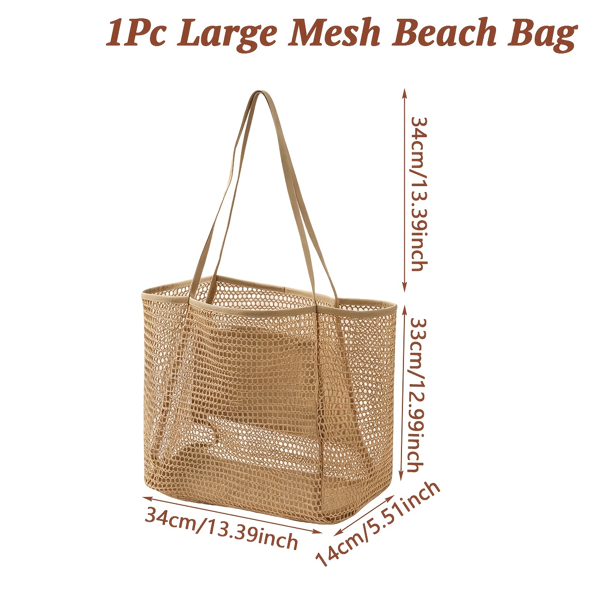 Image of 1pc, Large Mesh Beach Bag, Khaki Large Storage Tote Bag, Zipper Pockets And Anti-sand Bottom Design, Suitable For Shopping, Vacation, , Pool Party, Travel Decor, Idael For Gifts