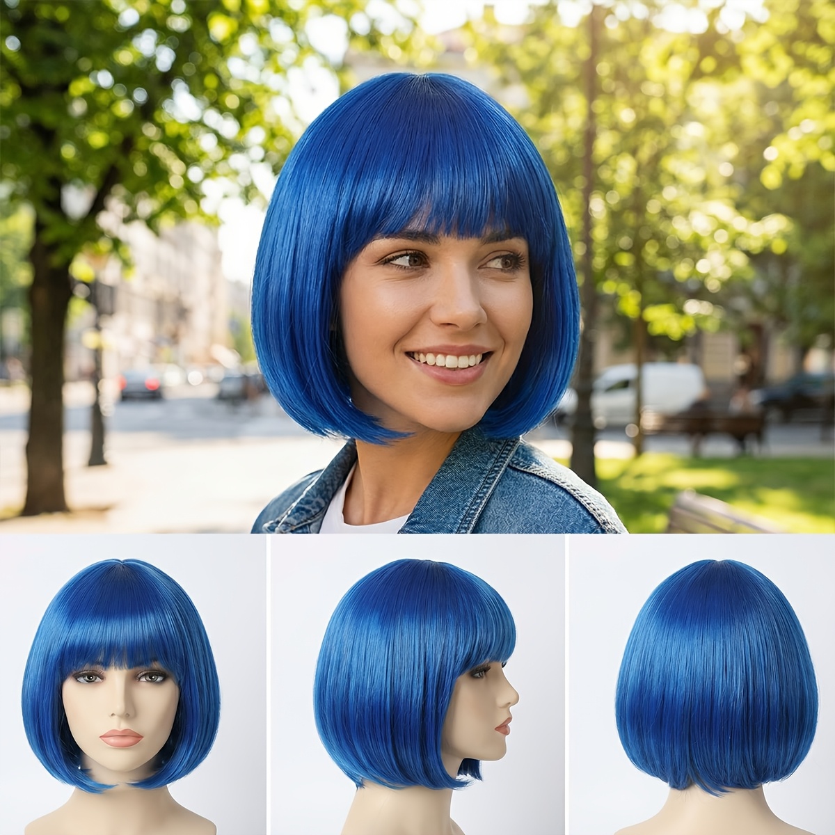 TEMU Perruque Bob Bleu Brumeux. Cadeau de Costume d'Halloween, Perruque Intégrale. Respirante, Légère et Confortable à . Accessoire pour Fêtes d'Été