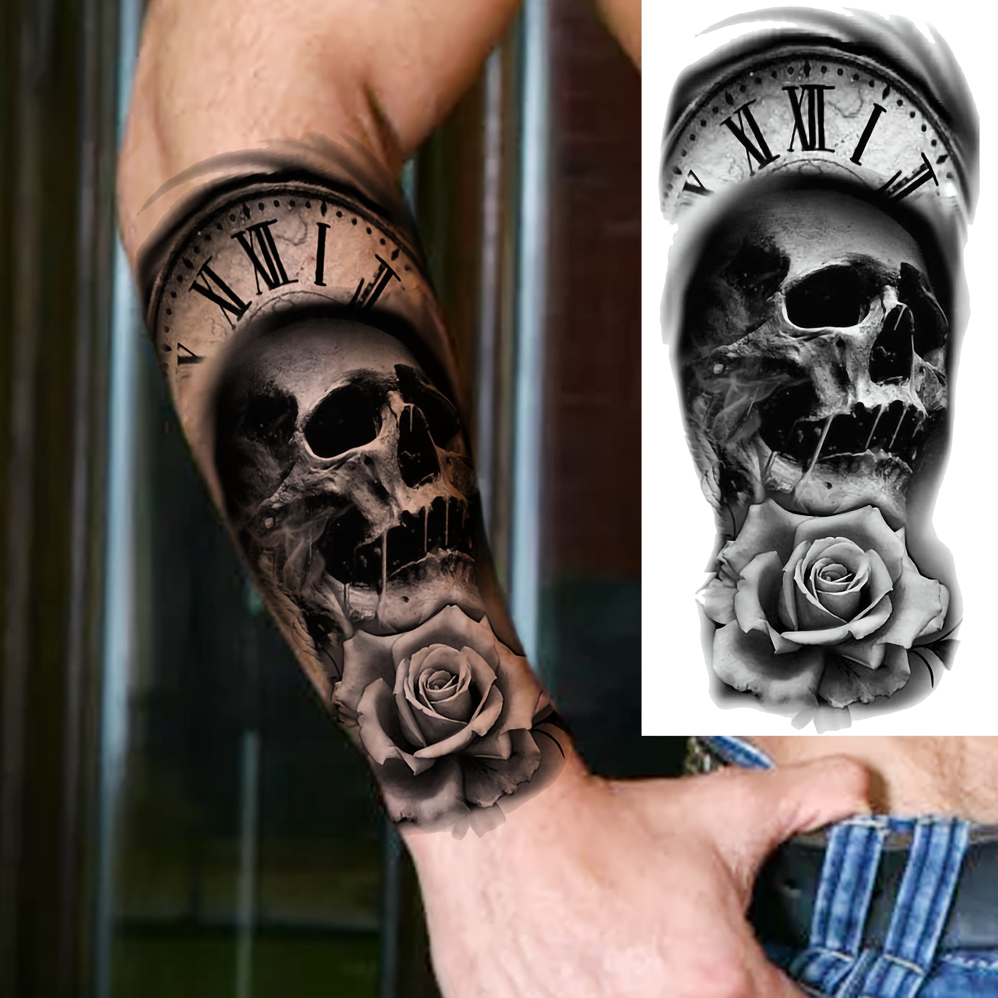 sheet halloween temporary tattoos skull rose clock design Temu