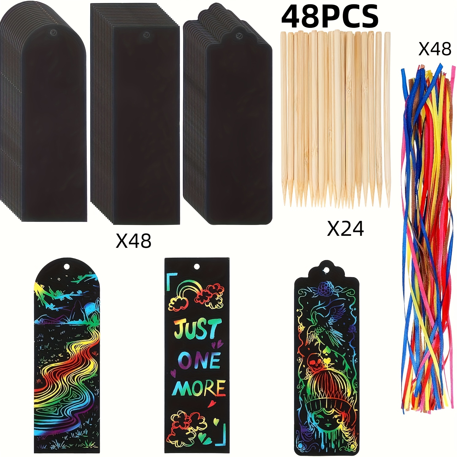 Image of Scratch Art Bookmark Kit- Crafts With Ribbons& Sticks, Perfect For Party Favors And Office Supplies(3 )