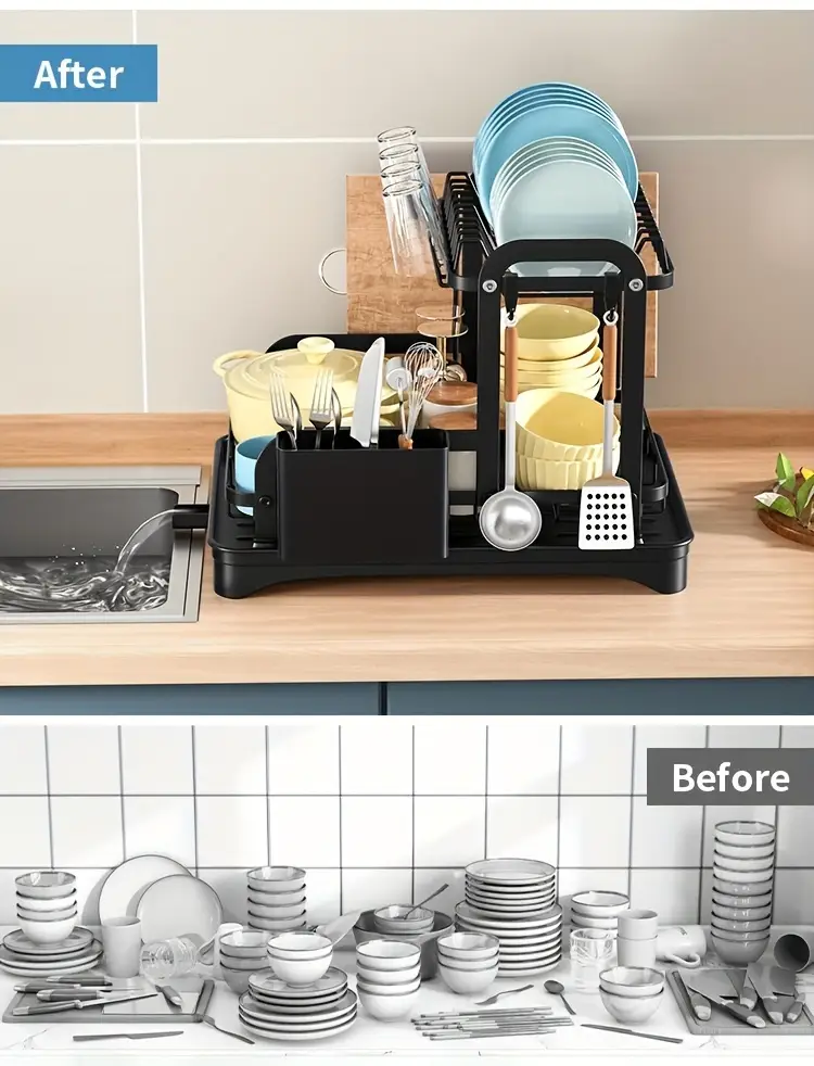 Support your kitchen with a spacious 2-tier dish drying rack, complete with a double dish rack, cup holder, cutting board, and black utensil organizer. Perfect for keeping your above sink kitchen countertop organized and efficient. détails 0