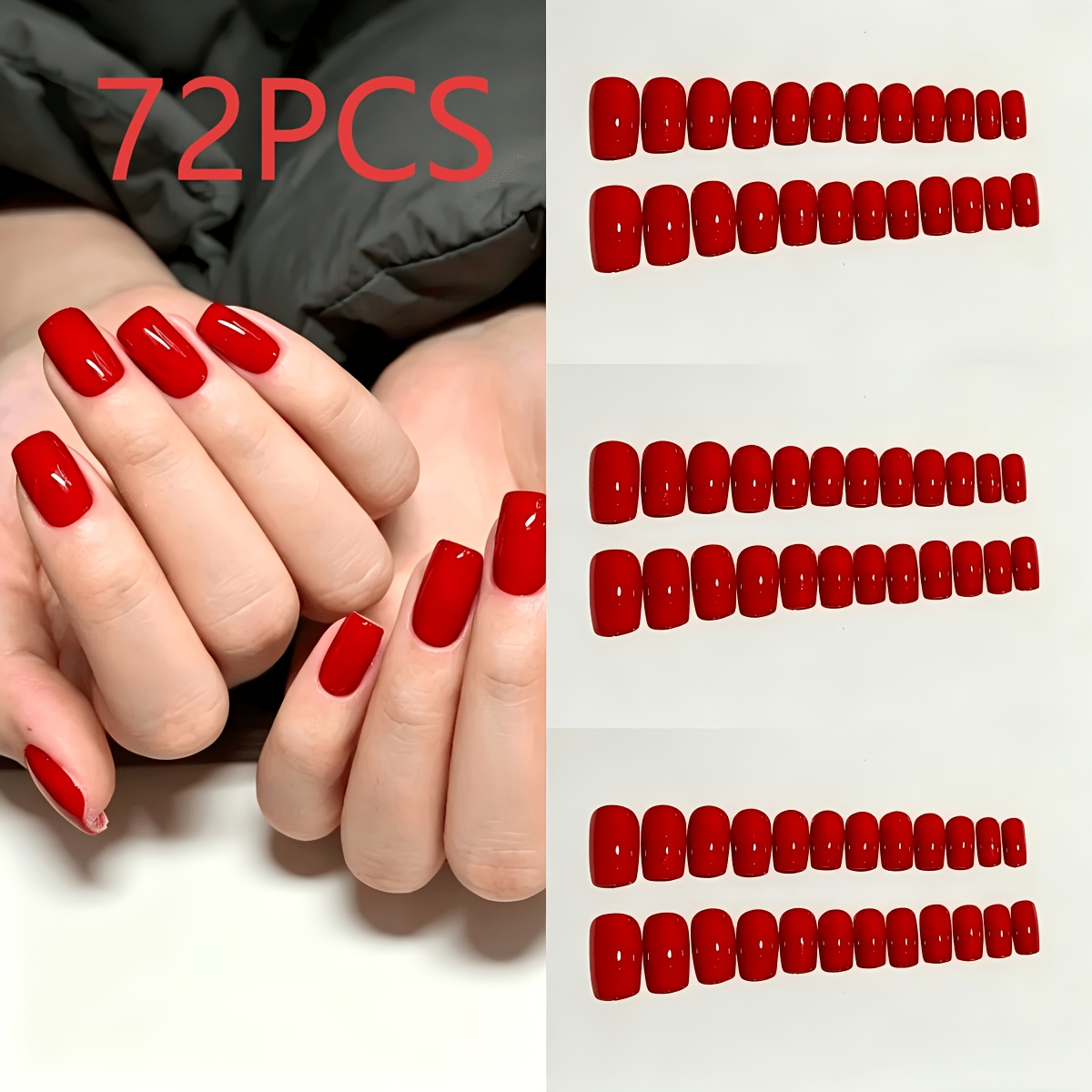 TEMU Medium-sized Square Chinese Red Solid Color 72pcs Set (pre-shaped Nail Tips   Nail Art Tools), In Multiple Sizes. Glossy Fake Nails With