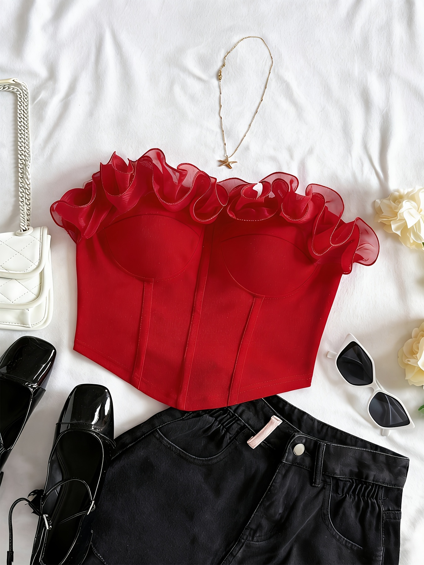 top elegante de   para mujer, conjunto ajustado   con   de encaje floral  , chaleco con hombros descubiertos   para gala de   de   del día de san valentín, ropa   para mujer, ropa   de moda, ropa casual para mujer, ropa   calidad para mujer