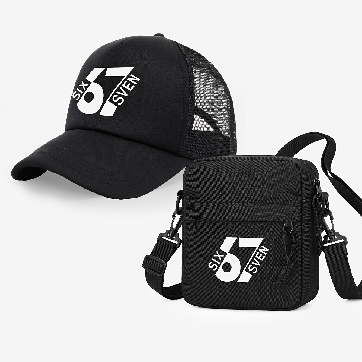 TEMU 2pcs Unisex 67 Number Print Trucker Hat/bucket Hat And Crossbody Chest Bag Set, Trendy Versatile Outdoor Sun Hat With Lightweight Storage Pouch,