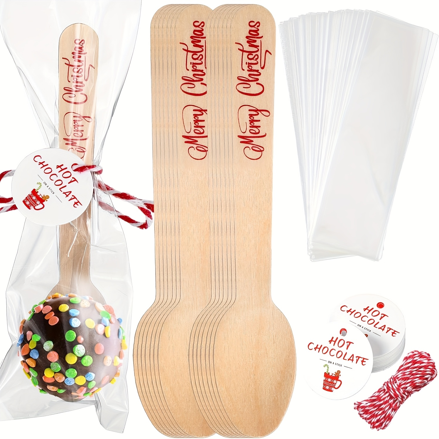 TEMU 100 Set Christmas Wooden Spoons Chocolate Marshmallow Bar Stirring Spoons Chocolate With Rope Gift For Cake Candy Baking(merry Xmas, Trendy)