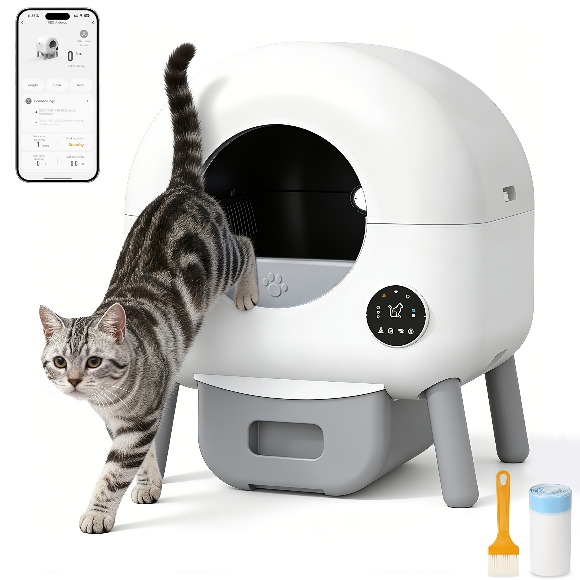 Image of App-controlled Self-cleaning Cat Litter Box Suitable For Multiple Cats, Large 90l Capacity With Waste Disposal, Low-noise Operation, Free Brush & Bags Included, For Use For Large Families (-type Plug)