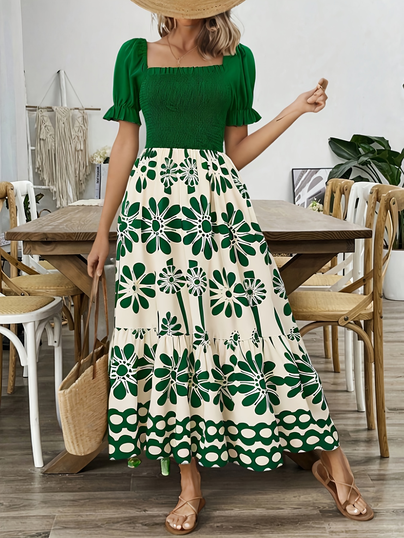 Women's Summer Floral Print A-Line Dress with Square Neck & Ruched Waist -  Lightweight Breathable Fabric, Smocked Detailing, Machine Washable for  Beach Vacations, Casual * * - Elegant Special ...