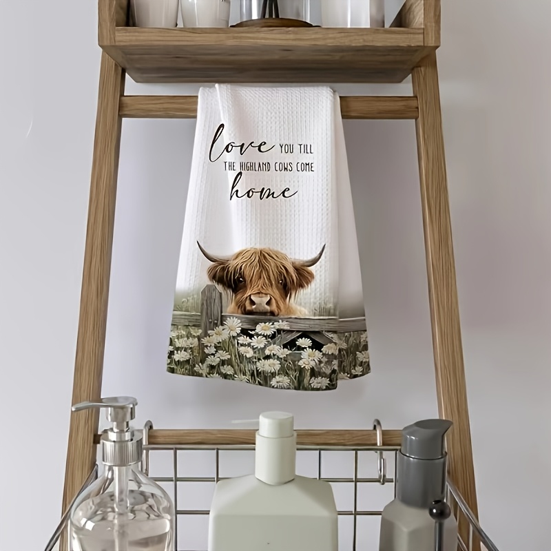 TEMU 1-pack Highland Cow Kitchen Towel, 16x24 Inches, Fun Highland Cow Farmhouse Dish Drying Towel, Rustic Vintage Kitchen Dish Cloths