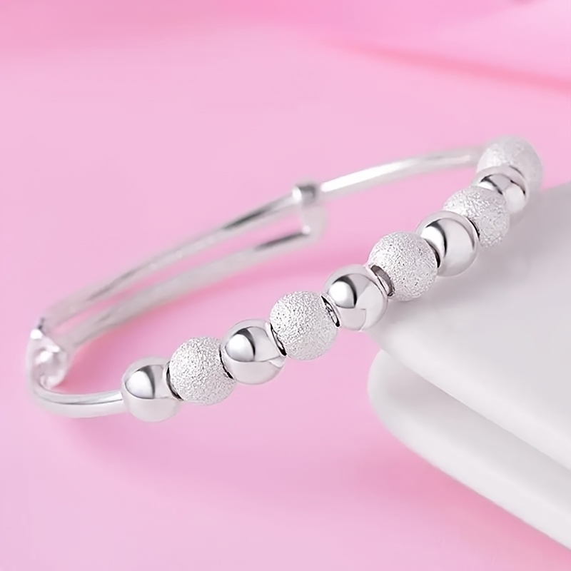 TEMU 1pc Exquisite Silvery Glossy Frosted Beads Retractable Bracelet - Women's Casual Vacation Versatile Party Jewelry Gift