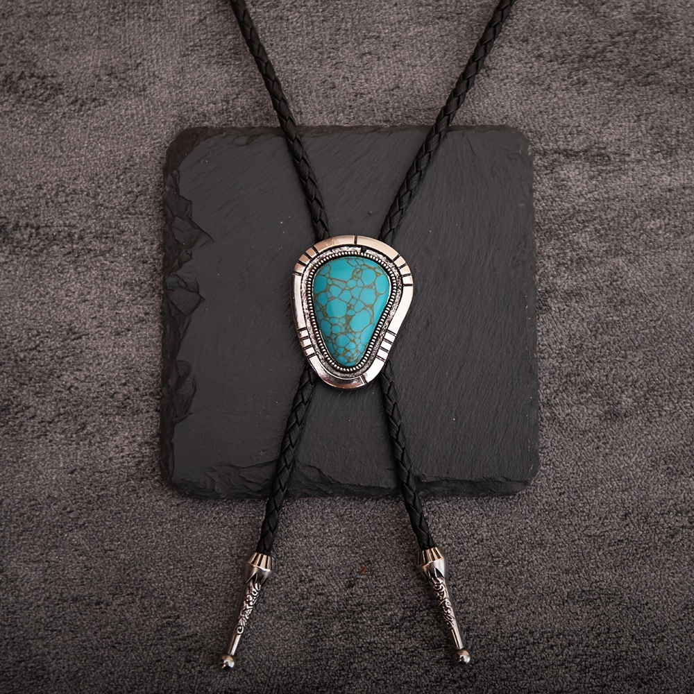 Western Style Bolo Tie Necklace with Turquoise Stone, Adjustable Length