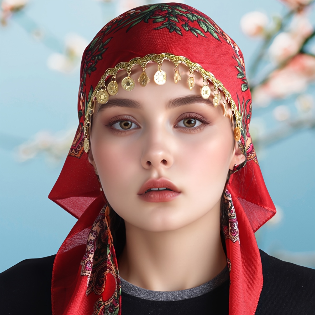 TEMU Print Triangle Scarf With Handcrafted Golden Sequin Chain - Peony Design, Lightweight Polyester, Perfect For Ramadan & New Year Gifts - In