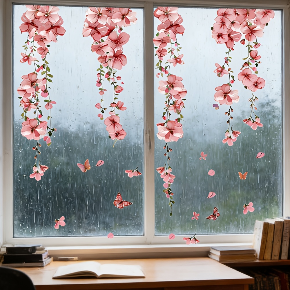 Image of 1pc 30*90cm Cherry Glass Sticker - Pink Cherry Vine With Petals And Themed Sticker, Self-adhesive And Removable, Suitable For Decorating Bedroom And Living Room Windows, Floral Style Home Decor Items