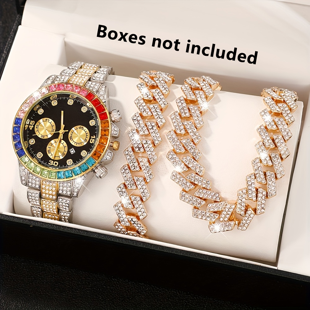 Conjunto de Relojes de Cuarzo de Lujo para Hombre Elegante Dorado con  Bisel de Coloridas, Función de Calendario y Cadenas Brillantes co