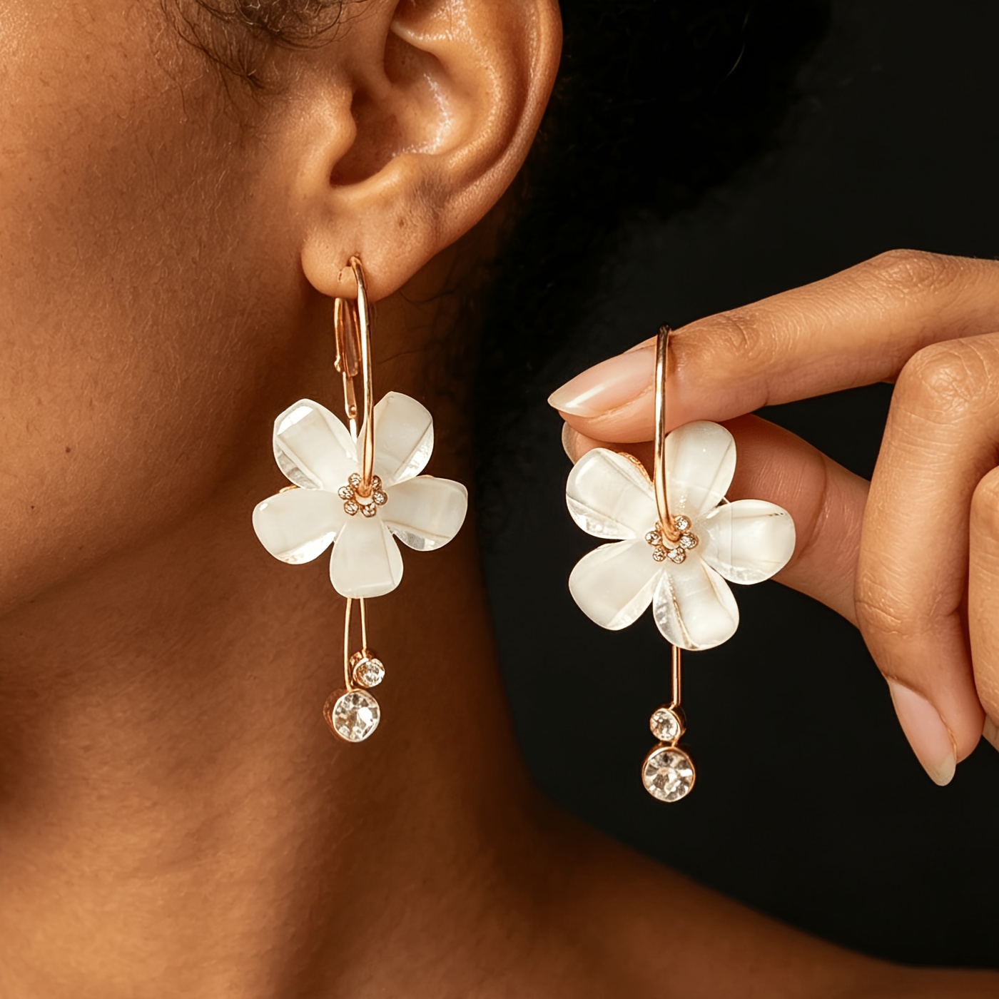 white flower earrings sold on Temu United States