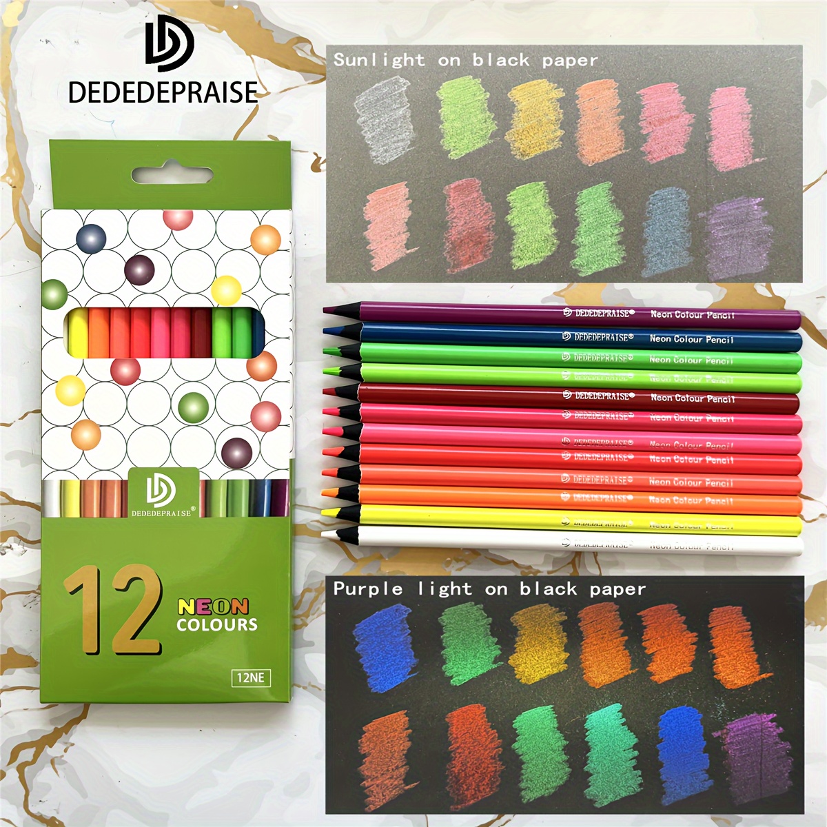 

12 Neon Colored Pencils By Dededepraise: Vibrant Fluorescence Under Violet Light, Soft Core, And Dazzling Effect On Dark Paper
