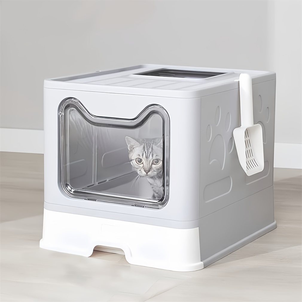 

[ Build] Cat Litter Box With Tray & – Space-saving, Hygienic Pet Toilet For Cats Up To 22 Lbs, Grey And White, Easy