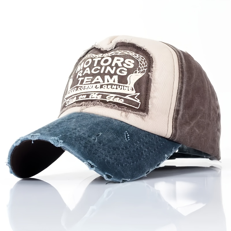 E-shop Gebleichte Color-Block MOTORS Baseballkappe mit Buchstaben-Patch für Herren Damen, schlichte vielseitige Distressed-Entenschnabelkappe,