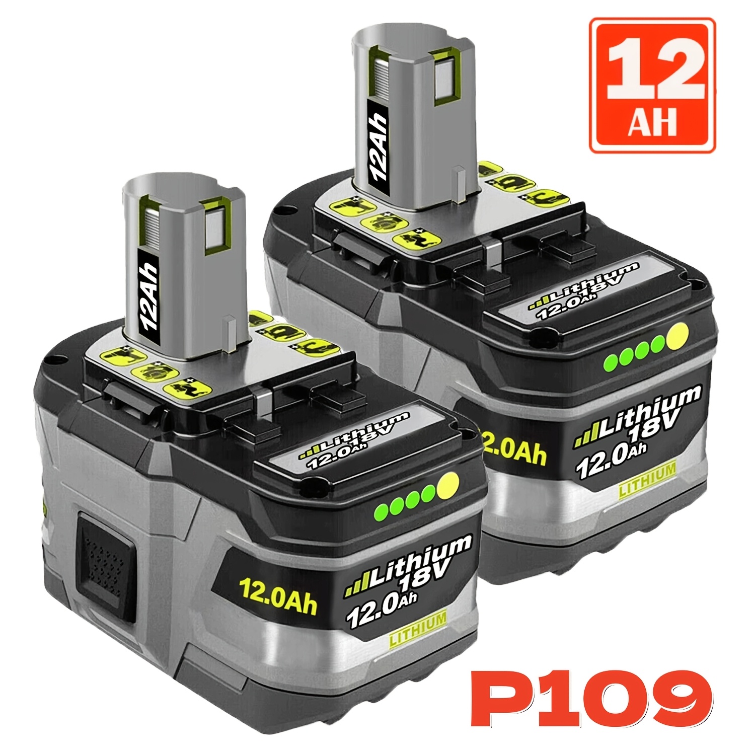 TEMU 2pack 12.0ah 18v Battery Replacement For Ryobi 18v Lithium 18 Volt Batteries For Ryobi One+ Plus 18v Cordless Tools P109 P108 P107 P105 P104