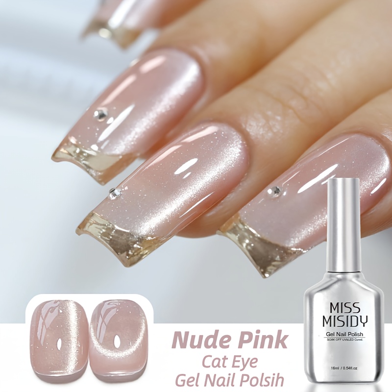 Image of Miss Misidy 0.54 Oz Nude Pink Cat Eye Gel Polish 16ml Holographic Glitter Shimmer Translucent Jelly Color Magnetic Nail Polish