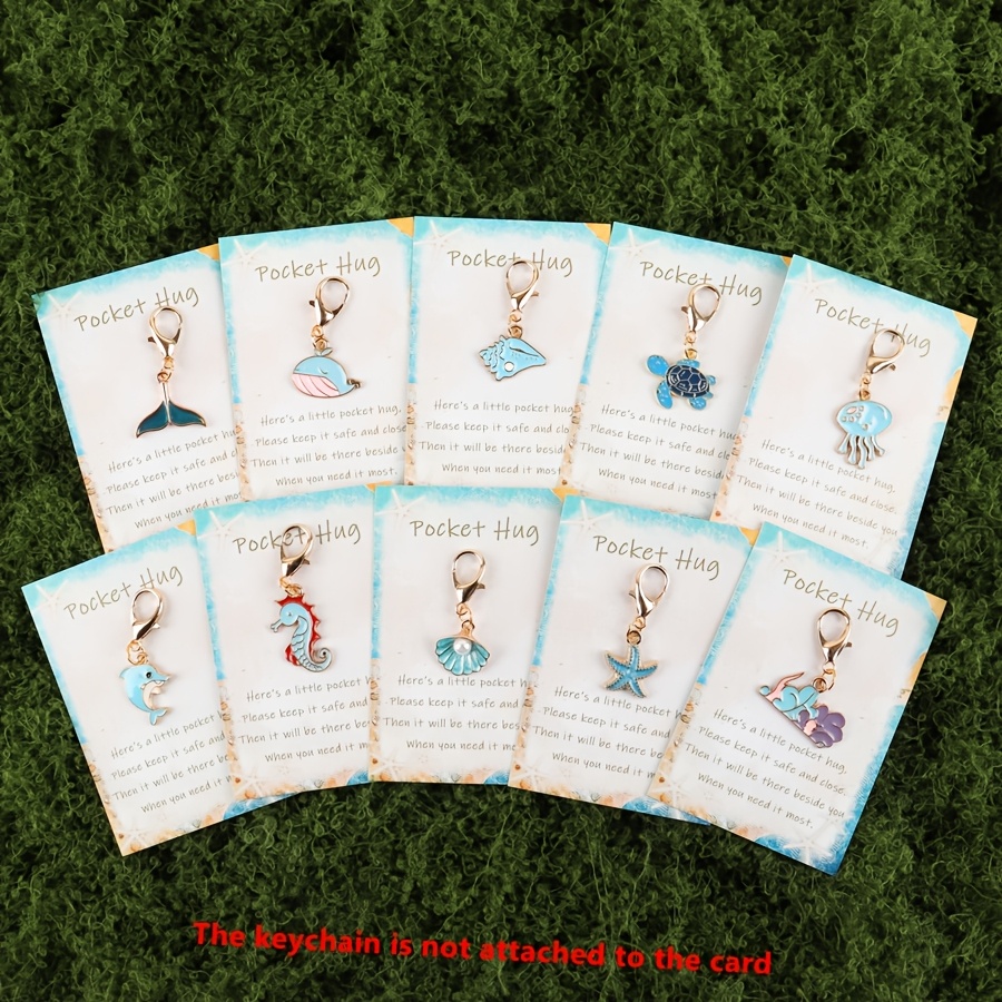 TEMU 2d 20pcs Whimsical Marine Animal Keychain Set - With Ocean Pocket Hug Cards, Including Starfish, Shark, Dolphin, Turtle, Conch Shell, Seahorse,